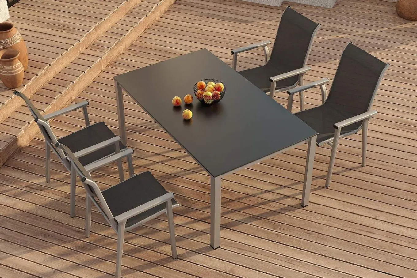 Outlet BasicPlus Pro Garten-Essgruppe, silber/anthrazit, Alu/Textilene, Tisch 160 x 95 cm, 4 Stapelstühle Garten-Essgruppen