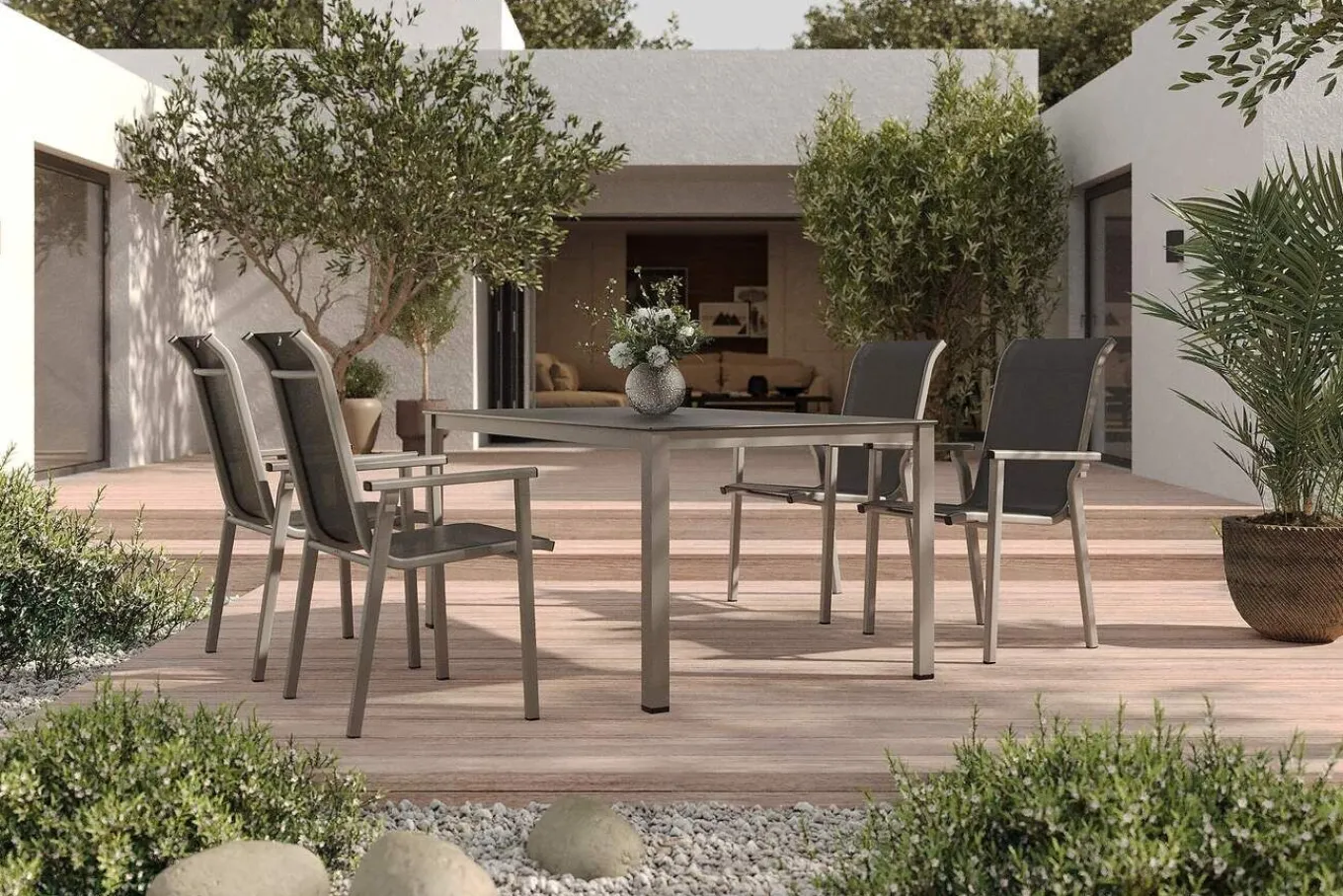Outlet BasicPlus Pro Garten-Essgruppe, silber/anthrazit, Alu/Textilene, Tisch 160 x 95 cm, 4 Stapelstühle Garten-Essgruppen