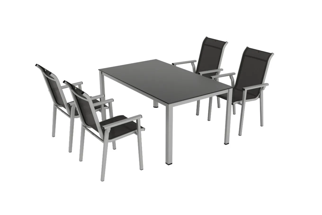 Outlet BasicPlus Pro Garten-Essgruppe, silber/anthrazit, Alu/Textilene, Tisch 160 x 95 cm, 4 Stapelstühle Garten-Essgruppen