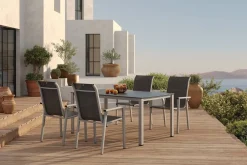 Outlet BasicPlus Pro Garten-Essgruppe, silber/anthrazit, Alu/Textilene, Tisch 160 x 95 cm, 4 Stapelstühle Garten-Essgruppen