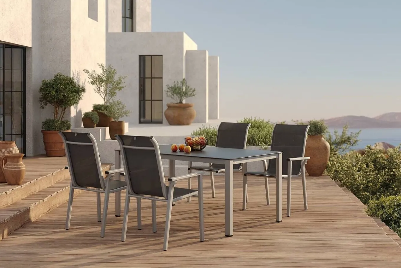 Outlet BasicPlus Pro Garten-Essgruppe, silber/anthrazit, Alu/Textilene, Tisch 160 x 95 cm, 4 Stapelstühle Garten-Essgruppen