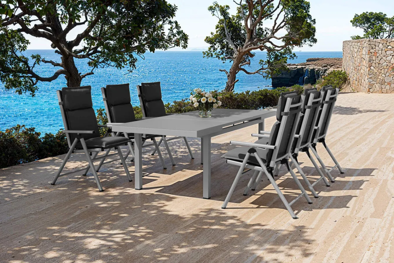 Best BasicPlus Pro Garten-Essgruppe, silber/anthrazit, Alu/Textilene, 180/240 x 100 cm, 6 Klappstühle inkl. 6 Auflagen Garten-Essgruppen