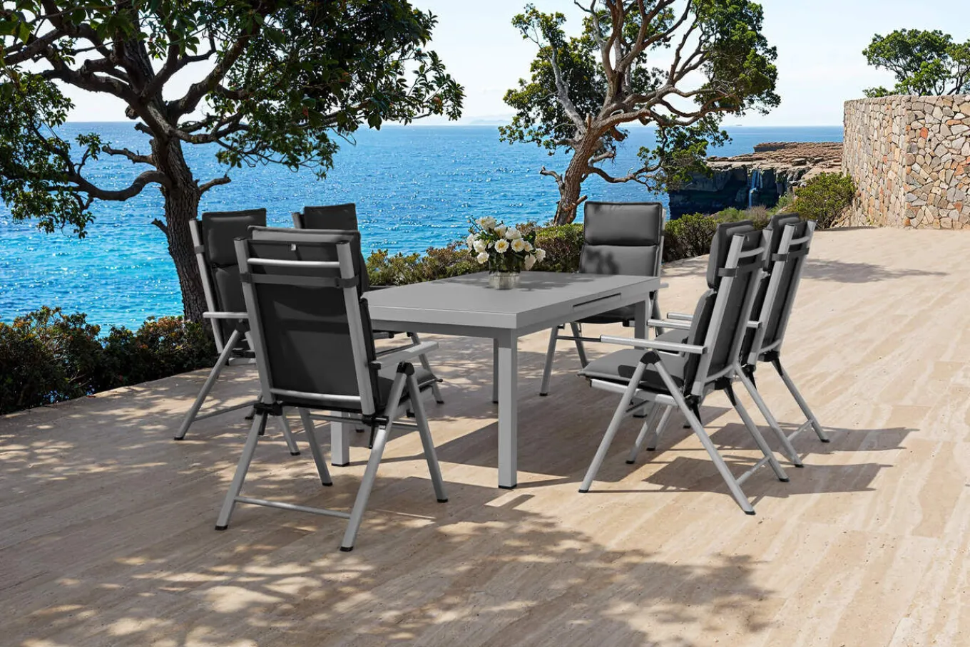Best BasicPlus Pro Garten-Essgruppe, silber/anthrazit, Alu/Textilene, 180/240 x 100 cm, 6 Klappstühle inkl. 6 Auflagen Garten-Essgruppen
