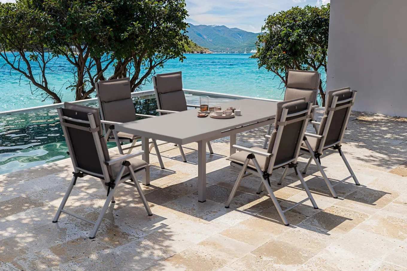 Outlet BasicPlus Pro Garten-Essgruppe, 6 Personen inkl. Sitzkissen, ausziehbarer Tisch 180–240 cm, Aluminium/Textilene Garten-Essgruppen
