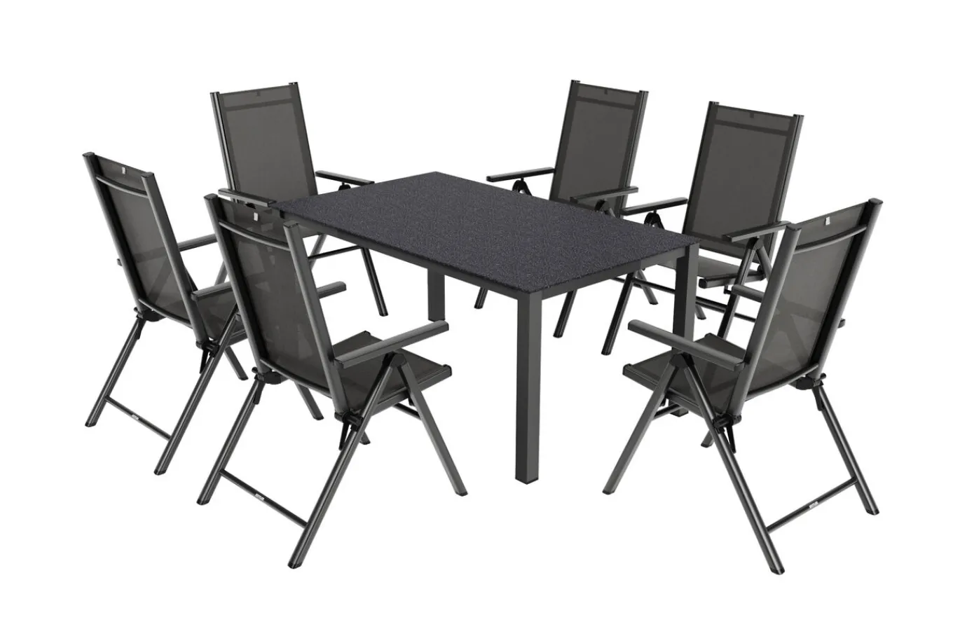 Hot BasicPlus Pro Garten-Essgruppe, anthrazit, Alu/Textilene/Spraystone, Tisch 160 x 95 cm, 6 Klappstühle Garten-Essgruppen