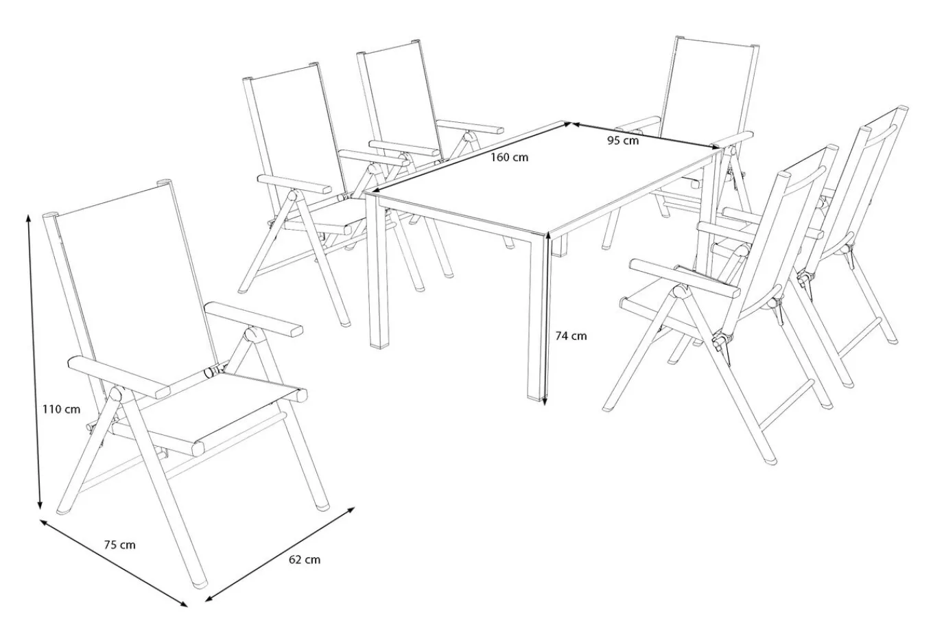 Hot BasicPlus Pro Garten-Essgruppe, anthrazit, Alu/Textilene/Spraystone, Tisch 160 x 95 cm, 6 Klappstühle Garten-Essgruppen