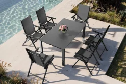 Hot BasicPlus Pro Garten-Essgruppe, anthrazit, Alu/Textilene/Spraystone, Tisch 160 x 95 cm, 6 Klappstühle Garten-Essgruppen