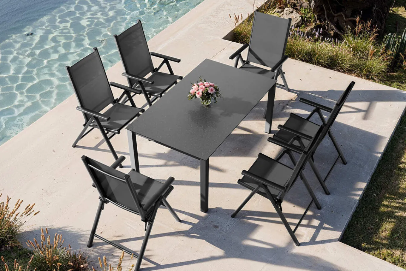 Hot BasicPlus Pro Garten-Essgruppe, anthrazit, Alu/Textilene/Spraystone, Tisch 160 x 95 cm, 6 Klappstühle Garten-Essgruppen