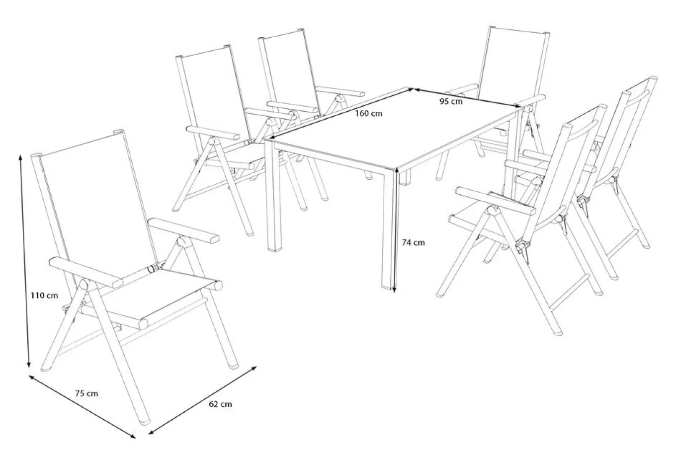 Hot BasicPlus Pro Garten-Essgruppe, anthrazit, Alu/Textilene/Spraystone, Tisch 160 x 95 cm, 6 Klappstühle Garten-Essgruppen