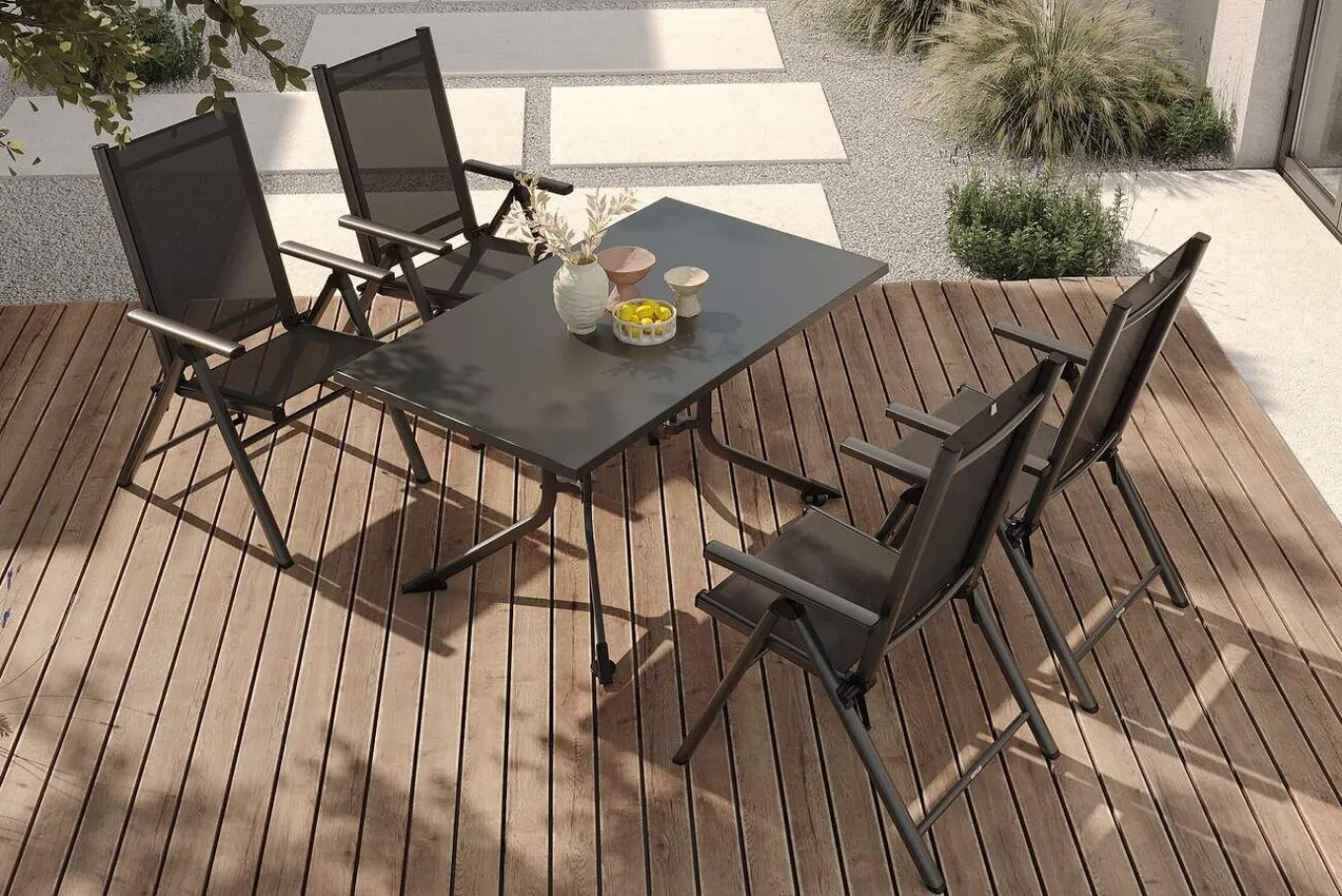 Clearance BasicPlus Pro Garten-Essgruppe, anthrazit, Alu/Textilene, klappbarer Tisch 140 x 95 cm, 4 Klappstühle Garten-Essgruppen