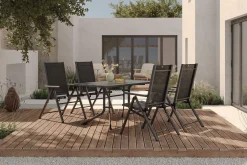 Clearance BasicPlus Pro Garten-Essgruppe, anthrazit, Alu/Textilene, klappbarer Tisch 140 x 95 cm, 4 Klappstühle Garten-Essgruppen