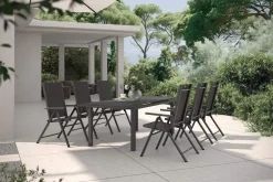 Discount BasicPlus Pro Garten-Essgruppe, anthrazit, Alu/Textilene/Spraystone, ausziehbare Tischplatte 180/240 x 100 cm, 6 Klappstühle Garten-Essgruppen