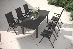 Discount BasicPlus Pro Garten-Essgruppe, anthrazit, Alu/Textilene/Spraystone, ausziehbare Tischplatte 180/240 x 100 cm, 6 Klappstühle Garten-Essgruppen
