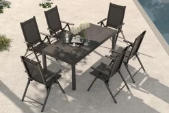 Discount BasicPlus Pro Garten-Essgruppe, anthrazit, Alu/Textilene/Spraystone, ausziehbare Tischplatte 180/240 x 100 cm, 6 Klappstühle Garten-Essgruppen