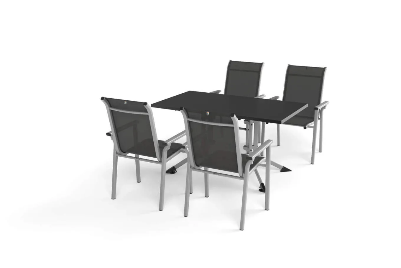 Outlet BasicPlus Pro Garten-Essgruppe, silber/anthrazit, Alu/Textilene, Klapptisch 140 x 95 cm, 4 Stapelsessel Garten-Essgruppen