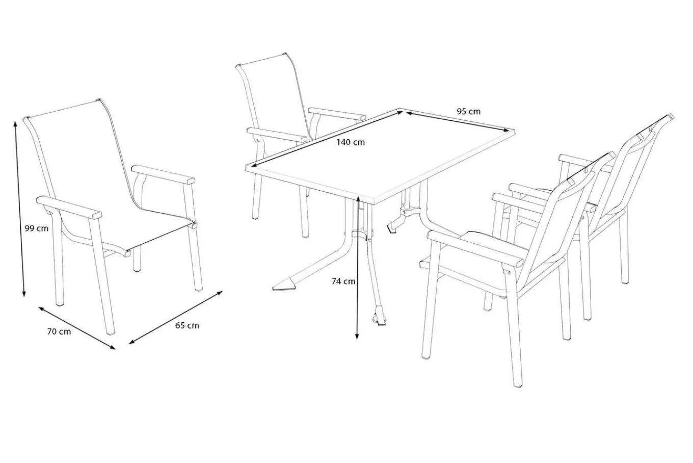 Outlet BasicPlus Pro Garten-Essgruppe, silber/anthrazit, Alu/Textilene, Klapptisch 140 x 95 cm, 4 Stapelsessel Garten-Essgruppen