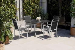 Outlet BasicPlus Pro Garten-Essgruppe, silber/anthrazit, Alu/Textilene, Klapptisch 140 x 95 cm, 4 Stapelsessel Garten-Essgruppen