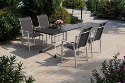 Outlet BasicPlus Pro Garten-Essgruppe, silber/anthrazit, Alu/Textilene, Klapptisch 140 x 95 cm, 4 Stapelsessel Garten-Essgruppen