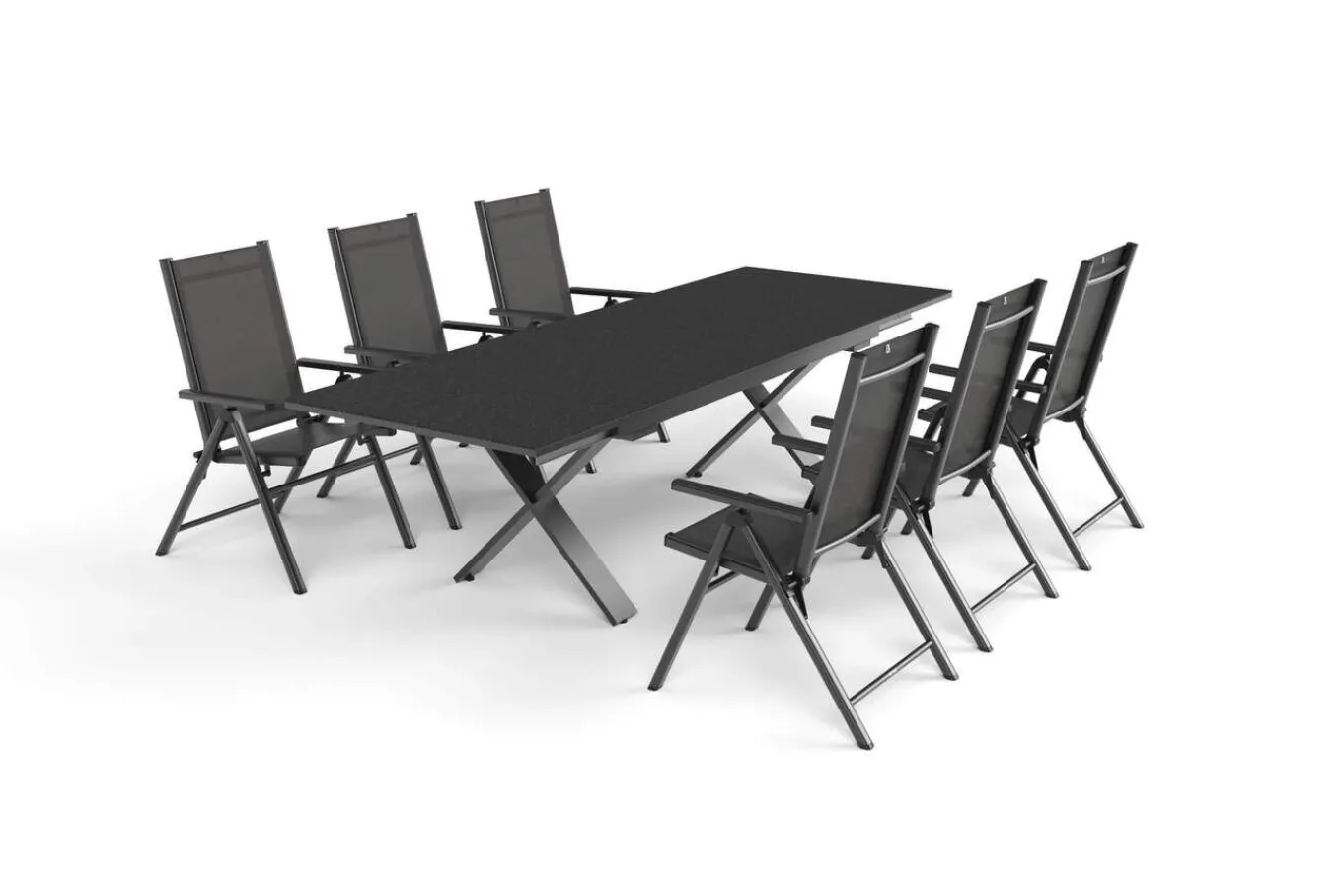 Discount BasicPlus Pro Garten-Essgruppe, anthrazit, Alu/Textilene, Tisch ausziehbar 180/280 x 100 cm, 6 Klappstühle Garten-Essgruppen