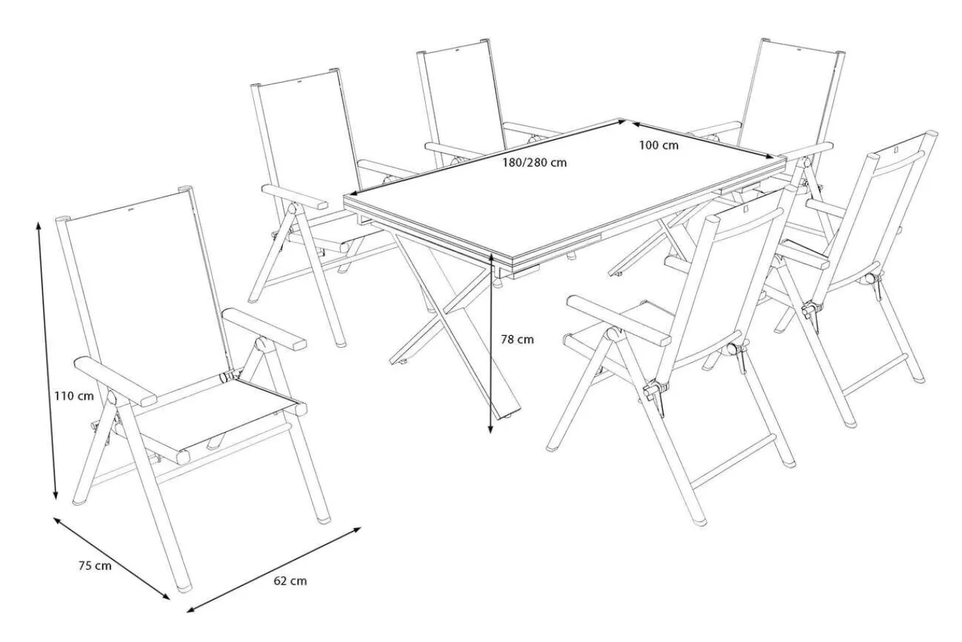 Discount BasicPlus Pro Garten-Essgruppe, anthrazit, Alu/Textilene, Tisch ausziehbar 180/280 x 100 cm, 6 Klappstühle Garten-Essgruppen