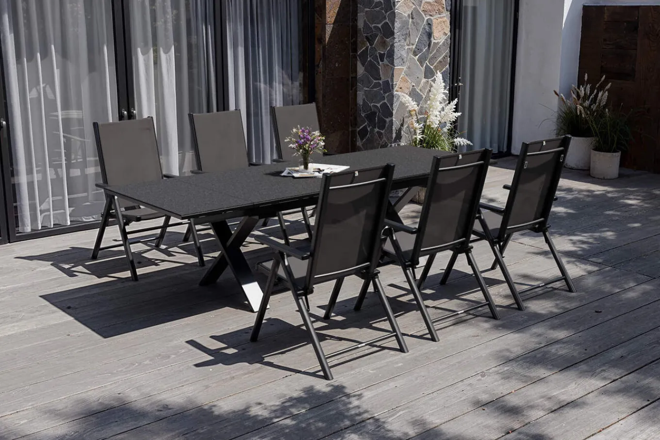 Discount BasicPlus Pro Garten-Essgruppe, anthrazit, Alu/Textilene, Tisch ausziehbar 180/280 x 100 cm, 6 Klappstühle Garten-Essgruppen