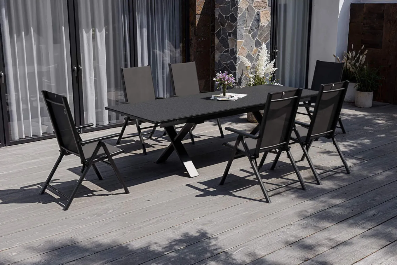 Discount BasicPlus Pro Garten-Essgruppe, anthrazit, Alu/Textilene, Tisch ausziehbar 180/280 x 100 cm, 6 Klappstühle Garten-Essgruppen