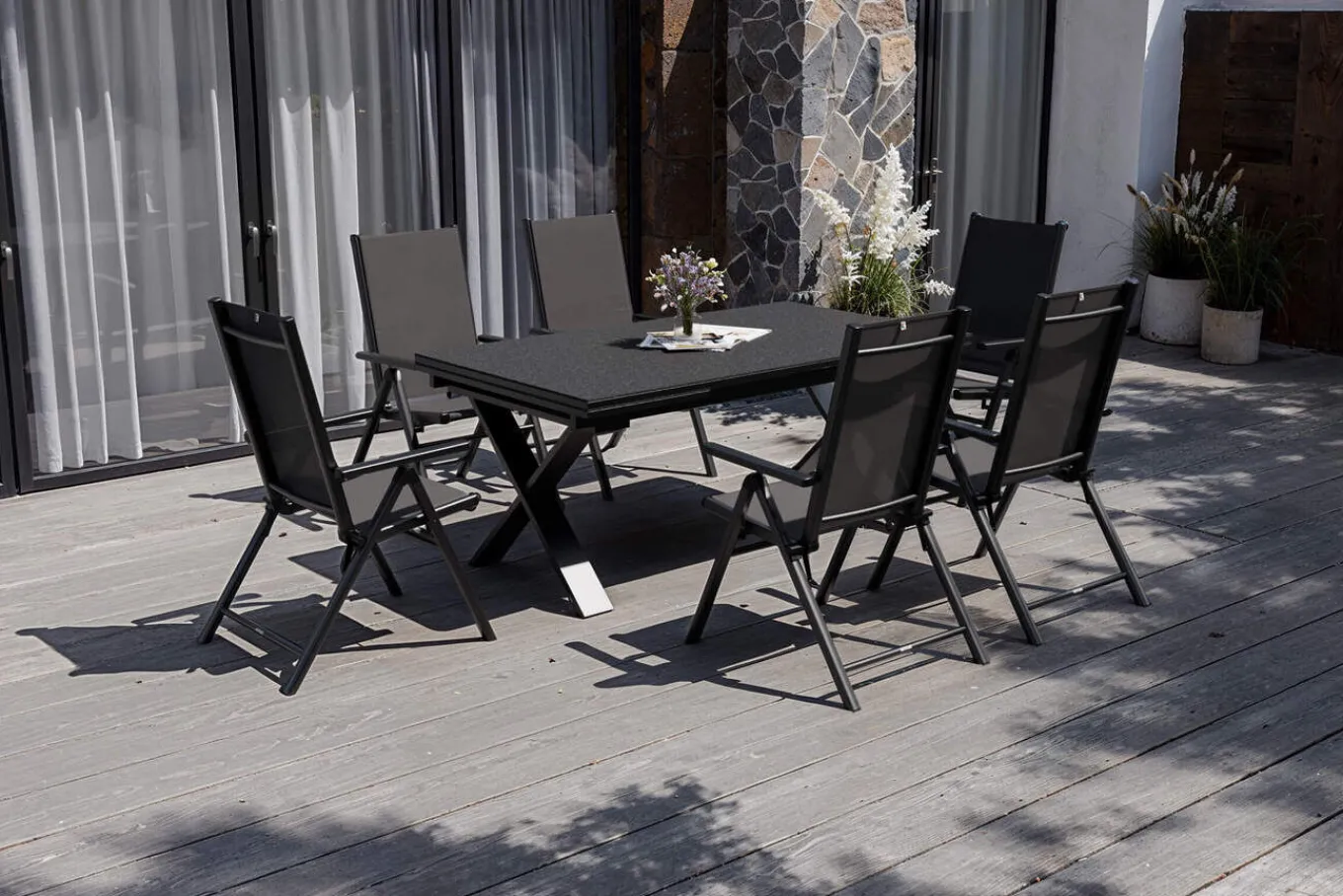 Discount BasicPlus Pro Garten-Essgruppe, anthrazit, Alu/Textilene, Tisch ausziehbar 180/280 x 100 cm, 6 Klappstühle Garten-Essgruppen