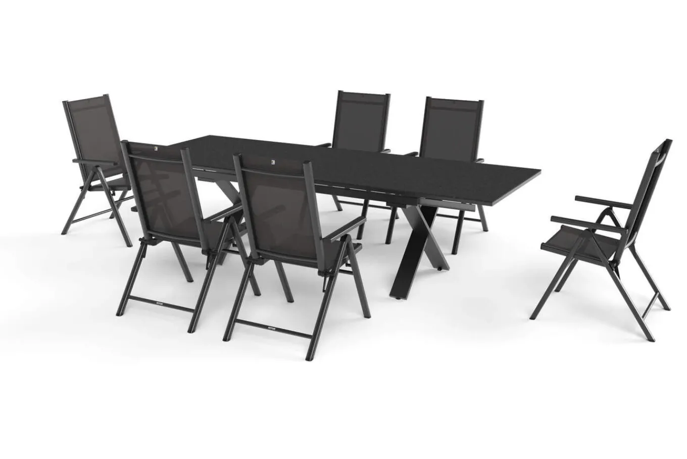 Discount BasicPlus Pro Garten-Essgruppe, anthrazit, Alu/Textilene, Tisch ausziehbar 180/280 x 100 cm, 6 Klappstühle Garten-Essgruppen