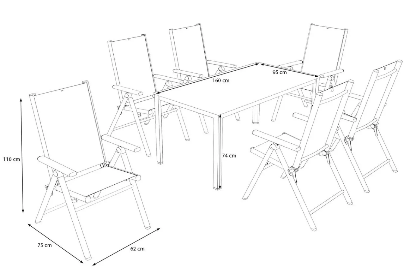 Discount BasicPlus Pro Garten-Essgruppe, silber/anthrazit, Alu/Textilene, Tischplatte 160 x 95 cm, 6 Klappstühle Garten-Essgruppen