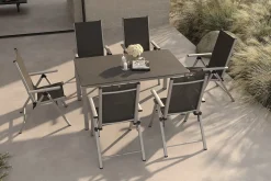 Discount BasicPlus Pro Garten-Essgruppe, silber/anthrazit, Alu/Textilene, Tischplatte 160 x 95 cm, 6 Klappstühle Garten-Essgruppen