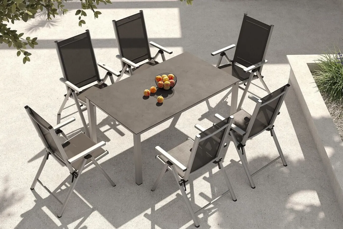 Discount BasicPlus Pro Garten-Essgruppe, silber/anthrazit, Alu/Textilene, Tischplatte 160 x 95 cm, 6 Klappstühle Garten-Essgruppen