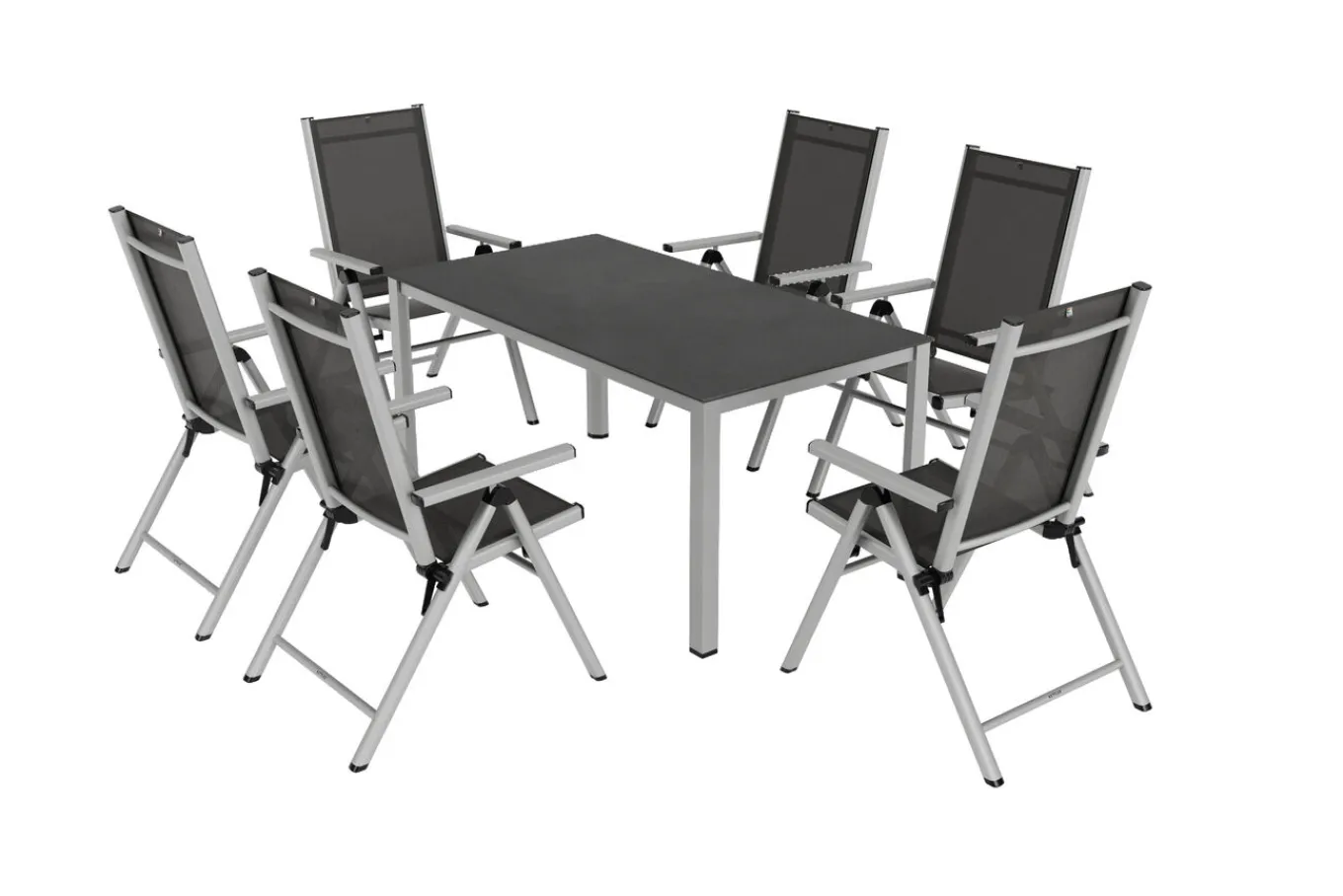 Discount BasicPlus Pro Garten-Essgruppe, silber/anthrazit, Alu/Textilene, Tischplatte 160 x 95 cm, 6 Klappstühle Garten-Essgruppen