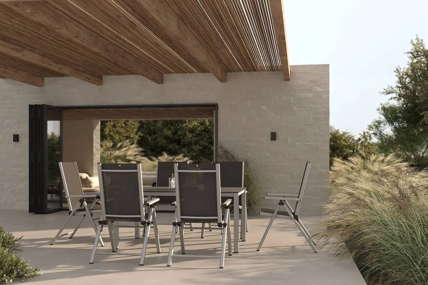 Discount BasicPlus Pro Garten-Essgruppe, silber/anthrazit, Alu/Textilene, Tischplatte 160 x 95 cm, 6 Klappstühle Garten-Essgruppen