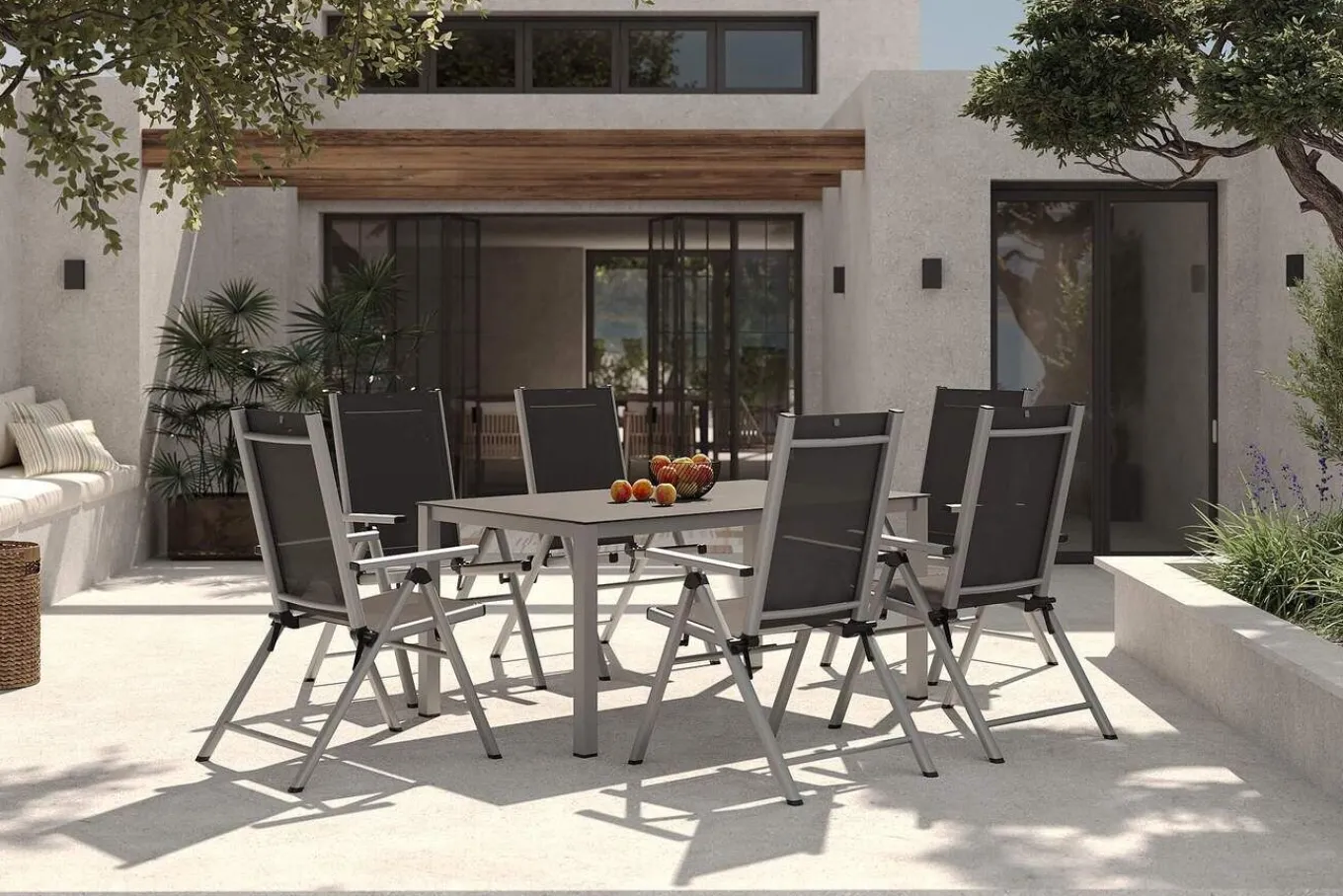 Discount BasicPlus Pro Garten-Essgruppe, silber/anthrazit, Alu/Textilene, Tischplatte 160 x 95 cm, 6 Klappstühle Garten-Essgruppen
