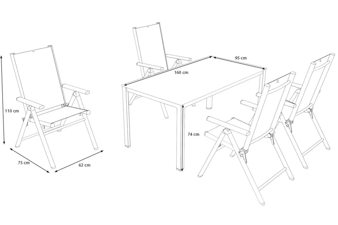 Hot BasicPlus Pro Garten-Essgruppe, silber/anthrazit, Alu/Textilene/Sicherheitsglas, 160 x 95 cm, 4 Klappstühle Garten-Essgruppen