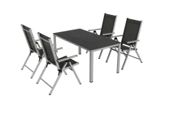 Hot BasicPlus Pro Garten-Essgruppe, silber/anthrazit, Alu/Textilene/Sicherheitsglas, 160 x 95 cm, 4 Klappstühle Garten-Essgruppen