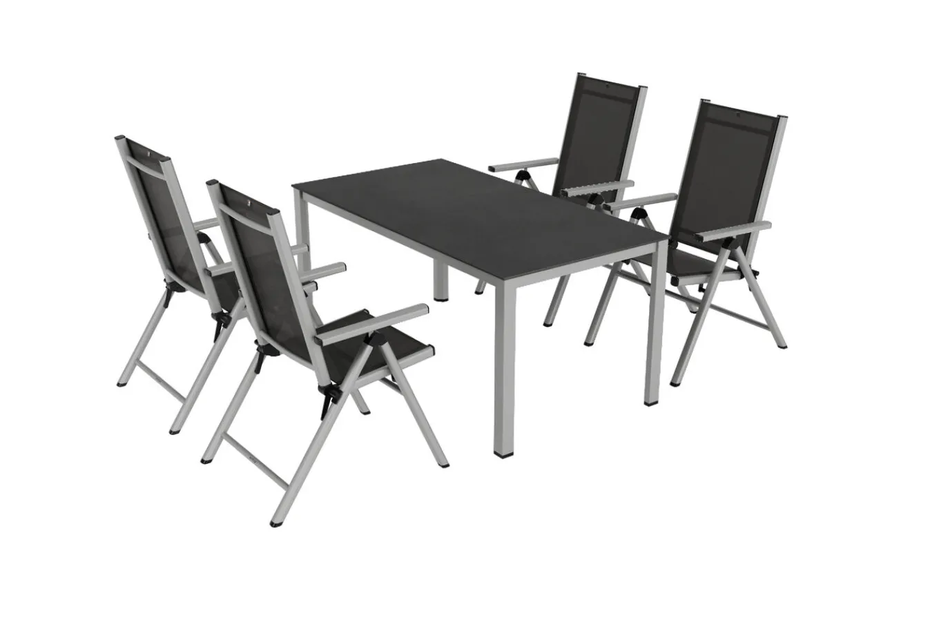 Hot BasicPlus Pro Garten-Essgruppe, silber/anthrazit, Alu/Textilene/Sicherheitsglas, 160 x 95 cm, 4 Klappstühle Garten-Essgruppen