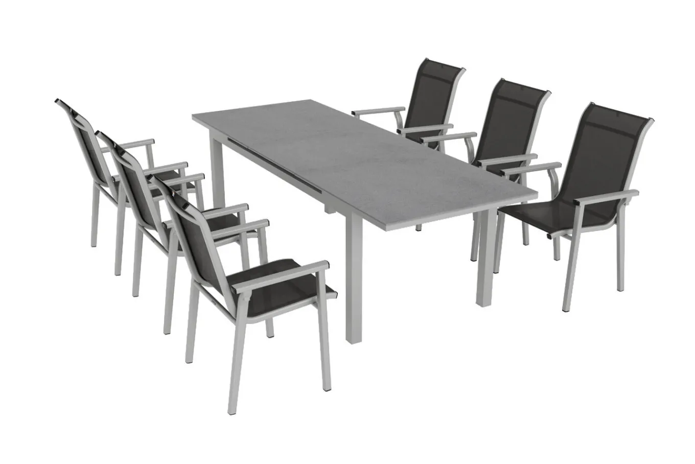 Discount BasicPlus Pro Garten-Essgruppe, silber/anthrazit, Alu/Textilene, ausziehbarer Tisch 180/240 x 100 cm, 6 Stapelsessel Garten-Essgruppen
