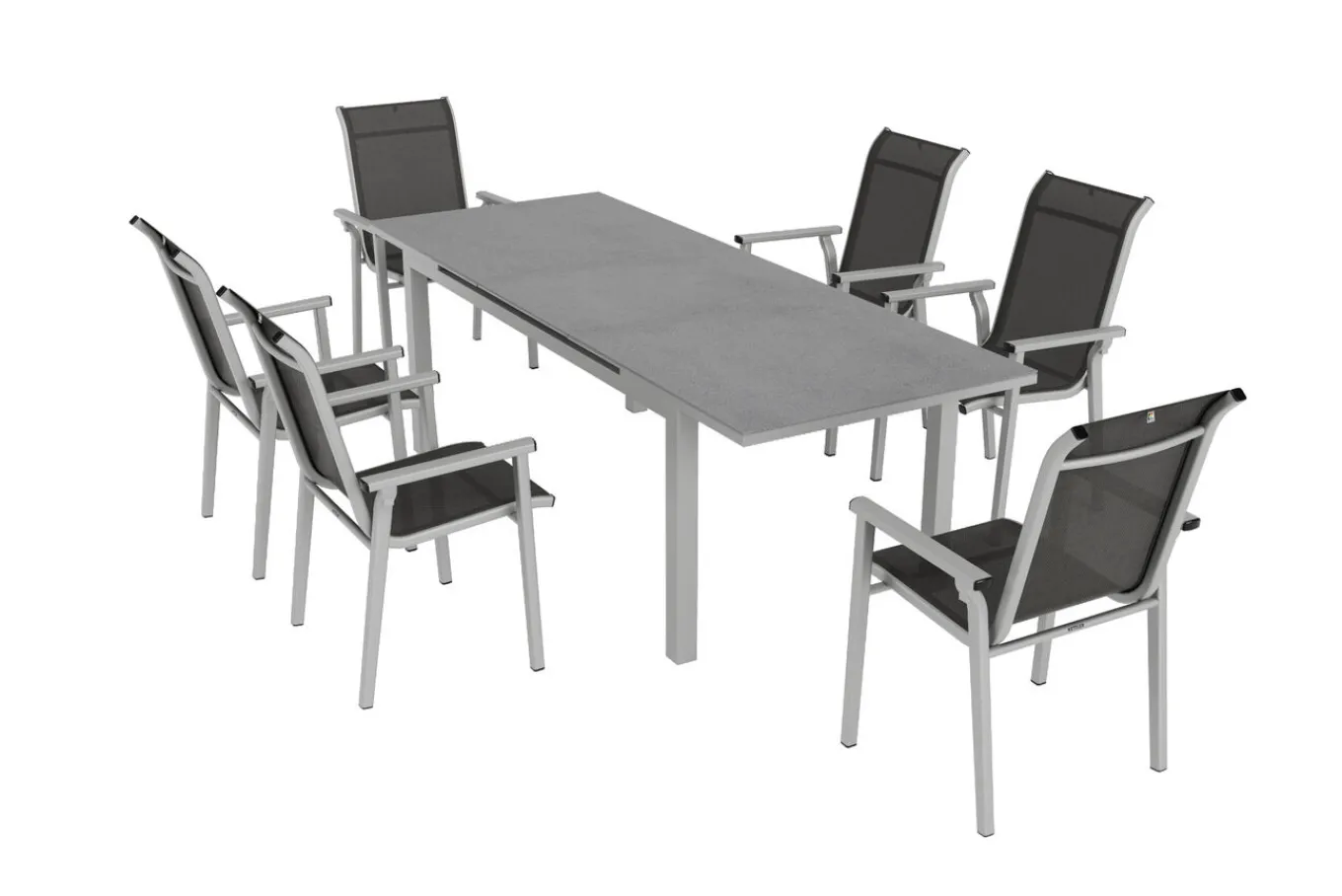 Discount BasicPlus Pro Garten-Essgruppe, silber/anthrazit, Alu/Textilene, ausziehbarer Tisch 180/240 x 100 cm, 6 Stapelsessel Garten-Essgruppen