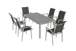 Discount BasicPlus Pro Garten-Essgruppe, silber/anthrazit, Alu/Textilene, ausziehbarer Tisch 180/240 x 100 cm, 6 Stapelsessel Garten-Essgruppen