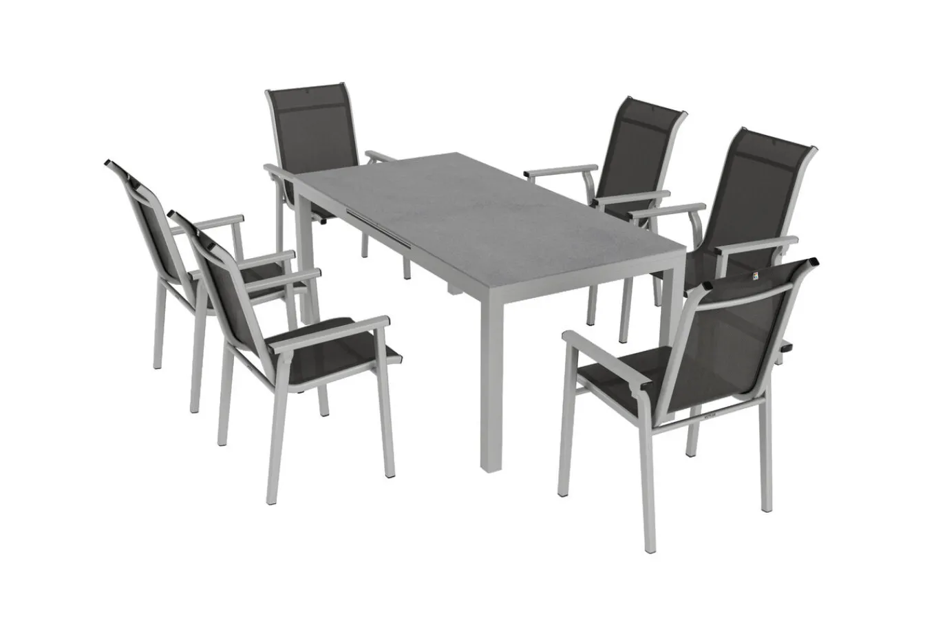 Discount BasicPlus Pro Garten-Essgruppe, silber/anthrazit, Alu/Textilene, ausziehbarer Tisch 180/240 x 100 cm, 6 Stapelsessel Garten-Essgruppen
