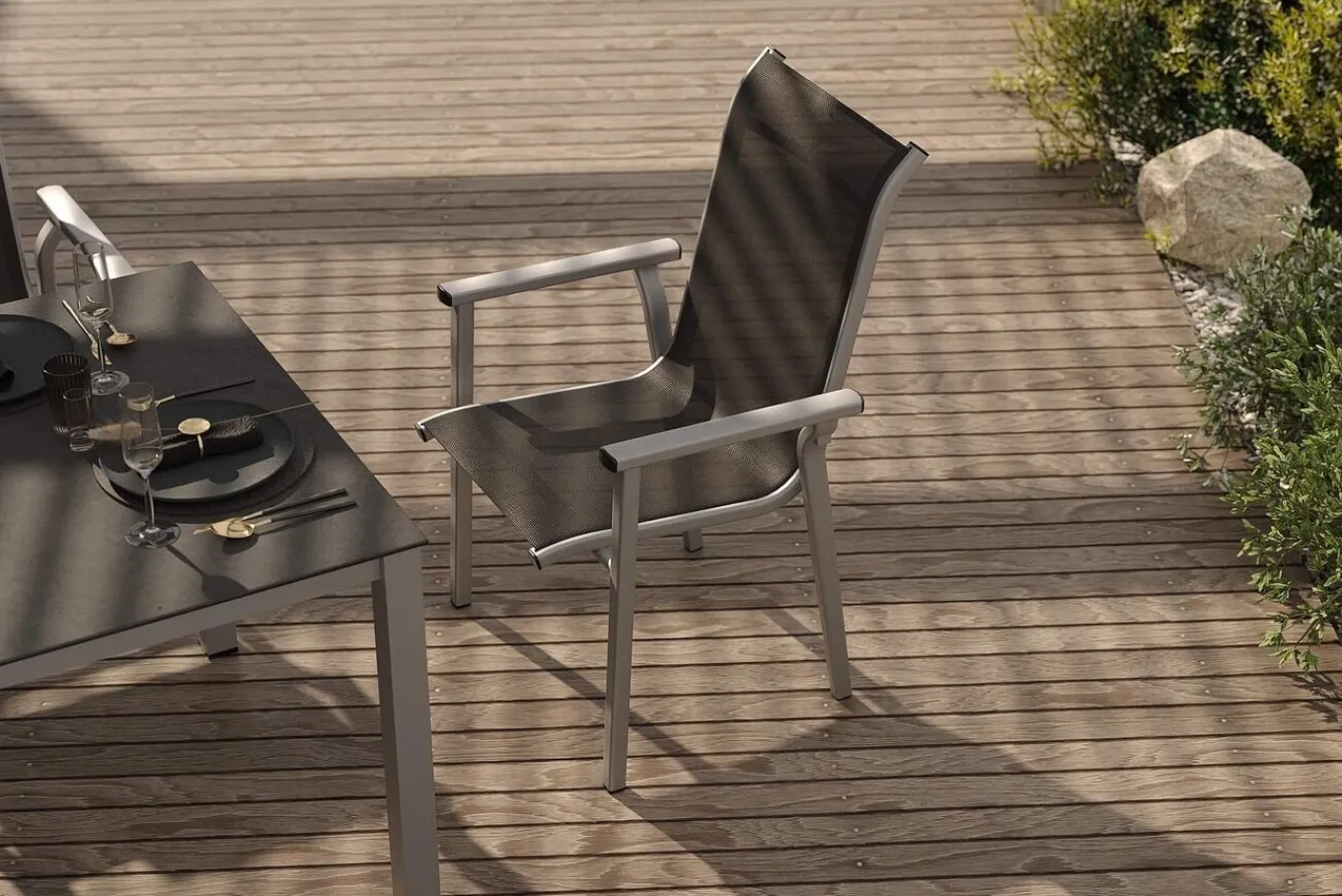 Discount BasicPlus Pro Garten-Essgruppe, silber/anthrazit, Alu/Textilene, ausziehbarer Tisch 180/240 x 100 cm, 6 Stapelsessel Garten-Essgruppen
