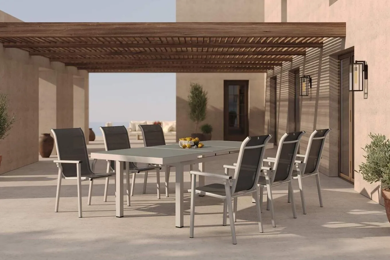 Discount BasicPlus Pro Garten-Essgruppe, silber/anthrazit, Alu/Textilene, ausziehbarer Tisch 180/240 x 100 cm, 6 Stapelsessel Garten-Essgruppen