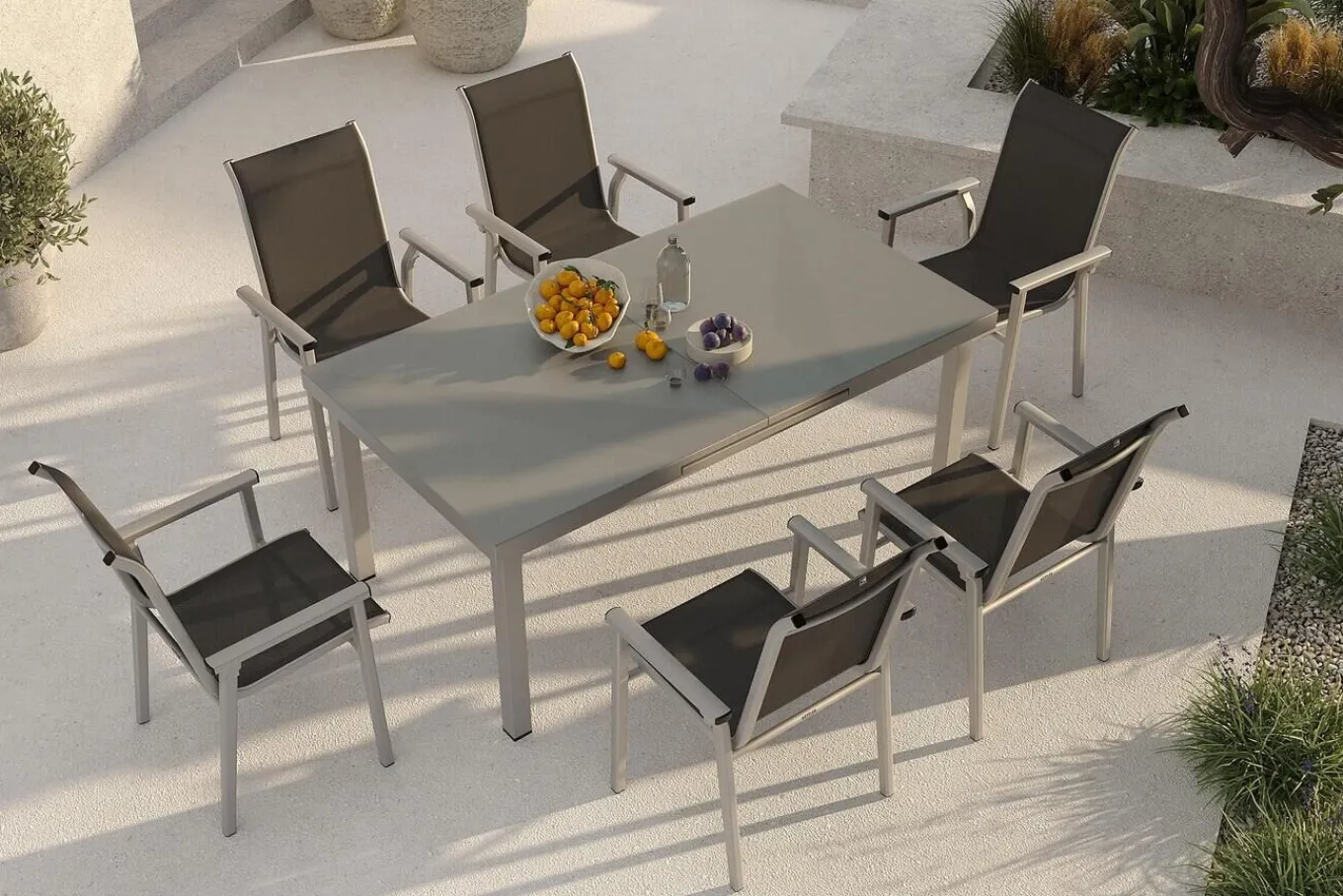 Discount BasicPlus Pro Garten-Essgruppe, silber/anthrazit, Alu/Textilene, ausziehbarer Tisch 180/240 x 100 cm, 6 Stapelsessel Garten-Essgruppen
