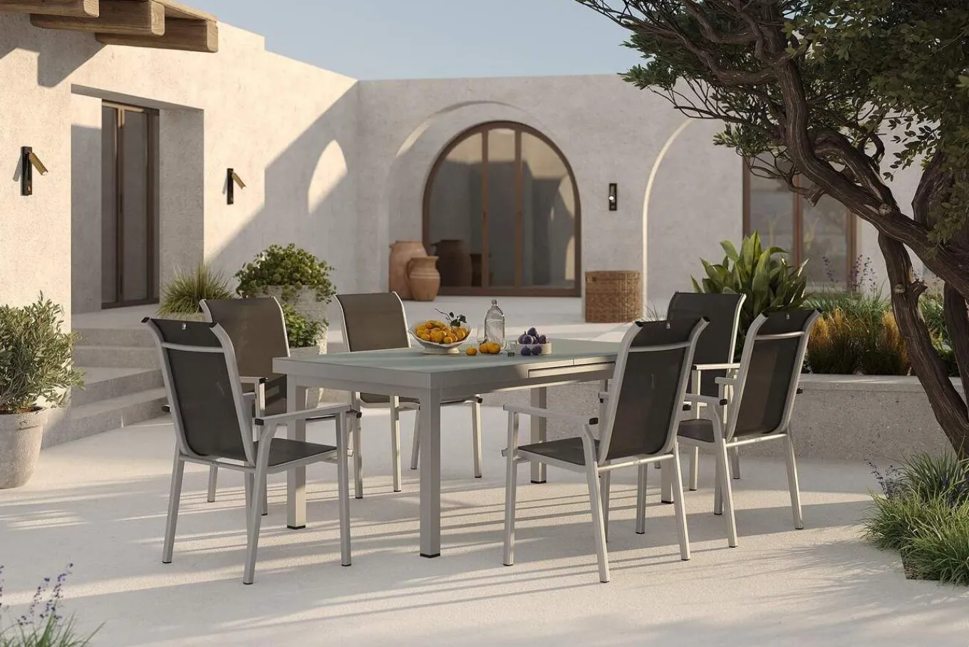 Discount BasicPlus Pro Garten-Essgruppe, silber/anthrazit, Alu/Textilene, ausziehbarer Tisch 180/240 x 100 cm, 6 Stapelsessel Garten-Essgruppen