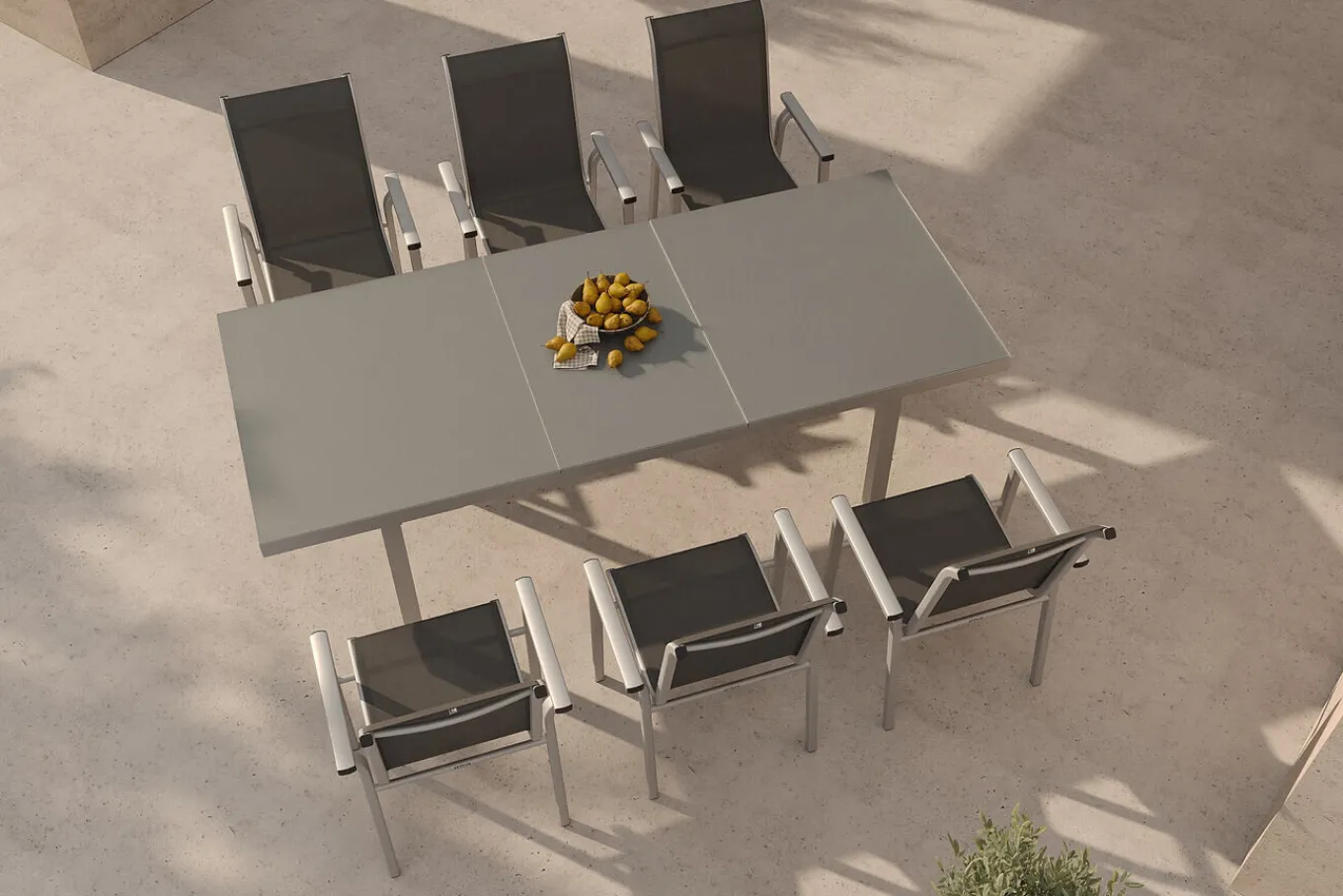 Discount BasicPlus Pro Garten-Essgruppe, silber/anthrazit, Alu/Textilene, ausziehbarer Tisch 180/240 x 100 cm, 6 Stapelsessel Garten-Essgruppen