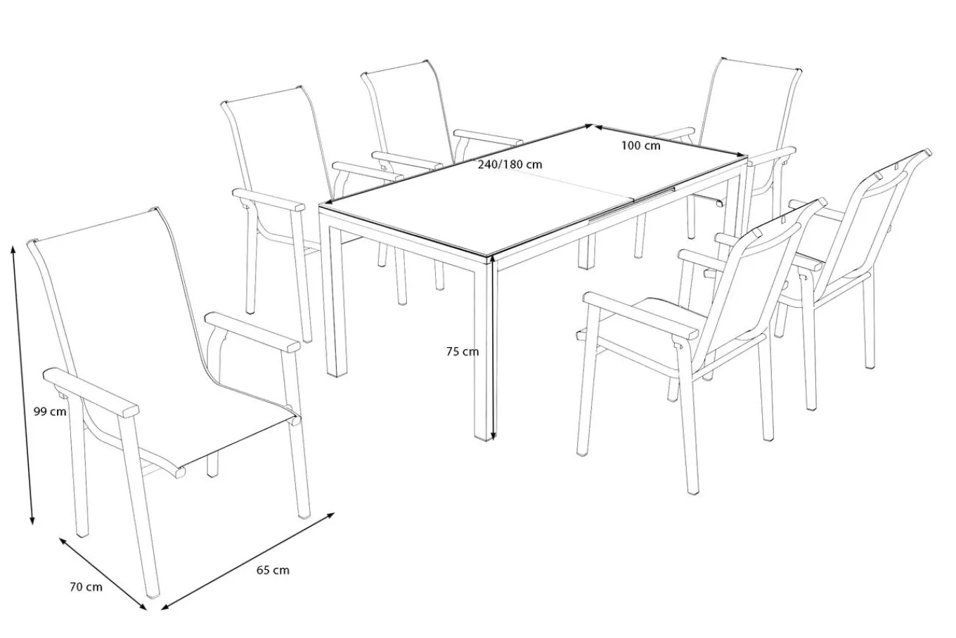 Discount BasicPlus Pro Garten-Essgruppe, silber/anthrazit, Alu/Textilene, ausziehbarer Tisch 180/240 x 100 cm, 6 Stapelsessel Garten-Essgruppen