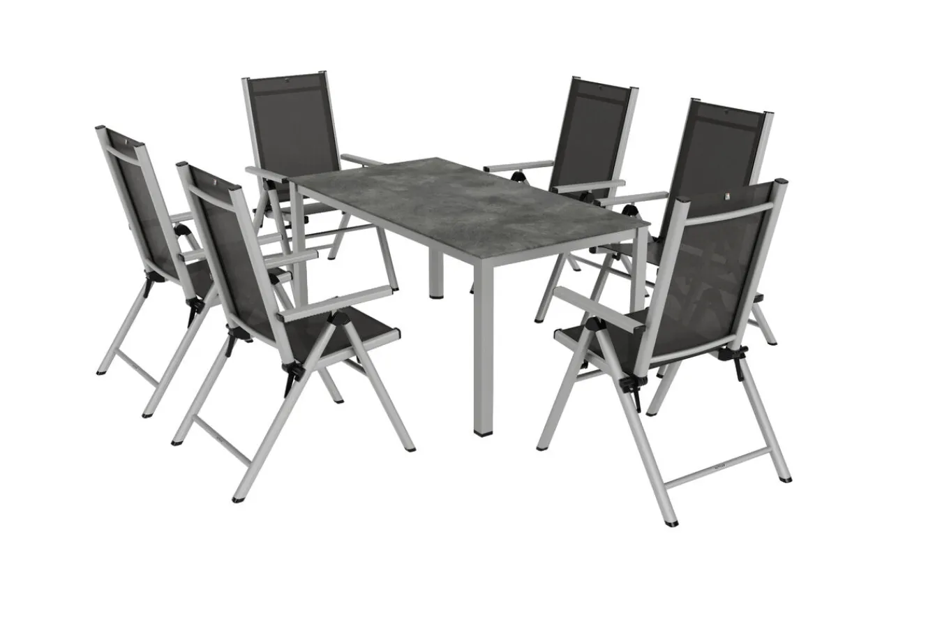 Hot BasicPlus Pro Garten-Essgruppe, silber/anthrazit, Alu/Textilene, 160 x 90 cm, 6 Klappstühle Garten-Essgruppen