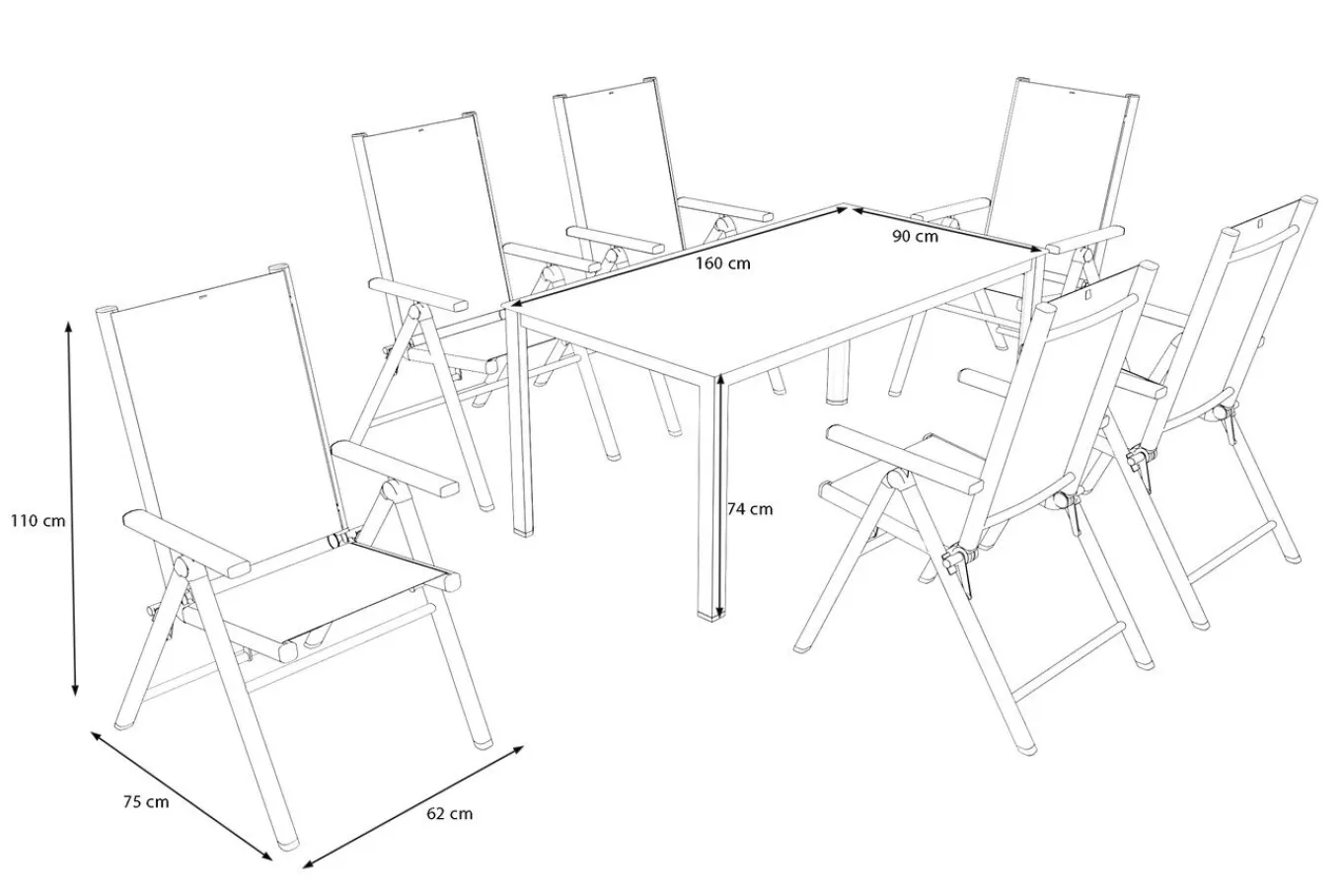 Hot BasicPlus Pro Garten-Essgruppe, silber/anthrazit, Alu/Textilene, 160 x 90 cm, 6 Klappstühle Garten-Essgruppen