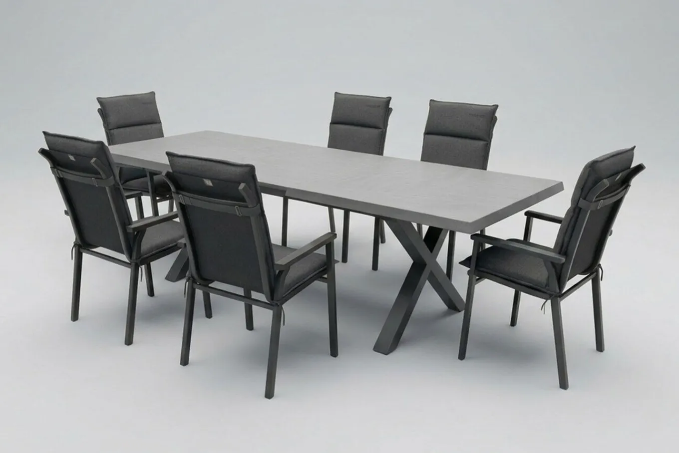 Sale BasicPlus Pro Garten-Essgruppe, anthrazit/schwarz, Aluminium/Steinimitat/Polyester, 200/260 x 100 cm, 6 Stapelsessel, inkl Auflagen Garten-Essgruppen|Aluminium-Gartenmöbel